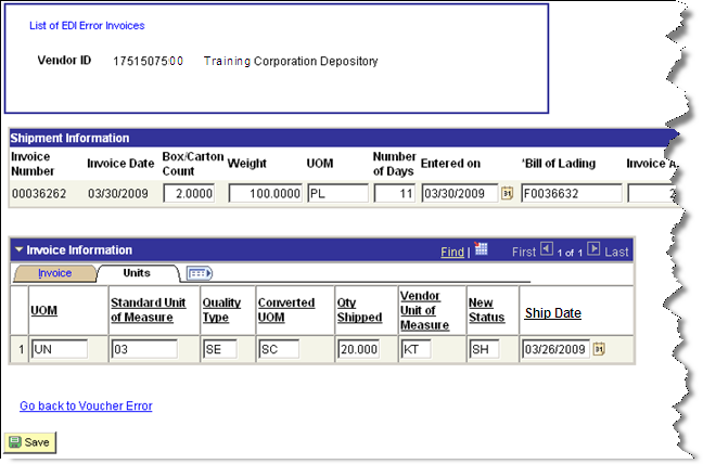 image of depository error invoice units screen